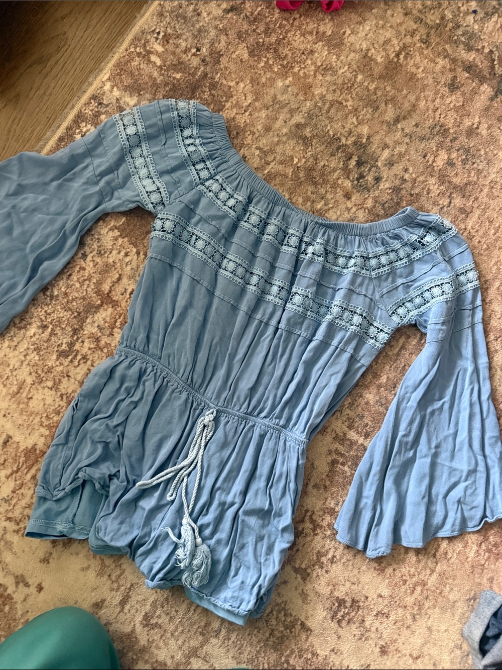 Light Blue Off-Shoulder Crochet Trim Women's romper